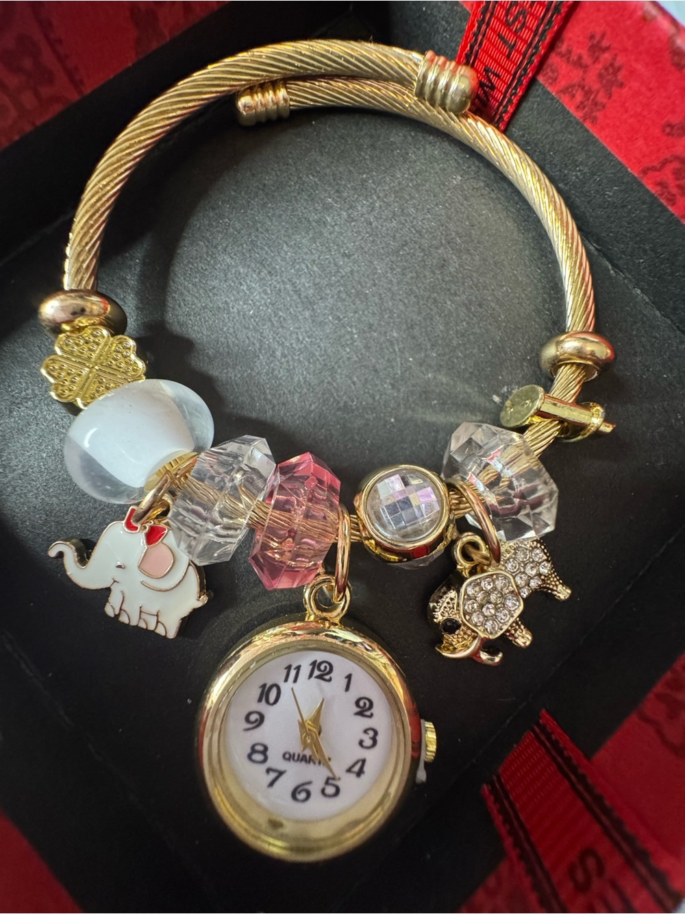 Gold-Tone Elephant Charm Watch Bangle - White & Pink Accents